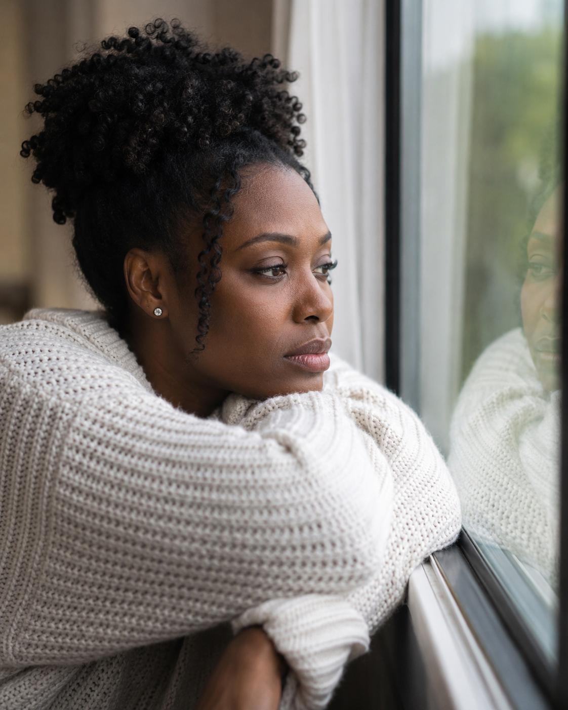 A woman resting at a window, looking out