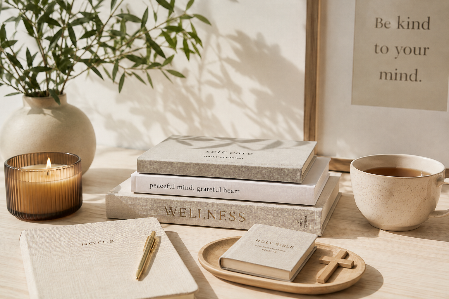 A journal, Bible, and candle on a sunlit table